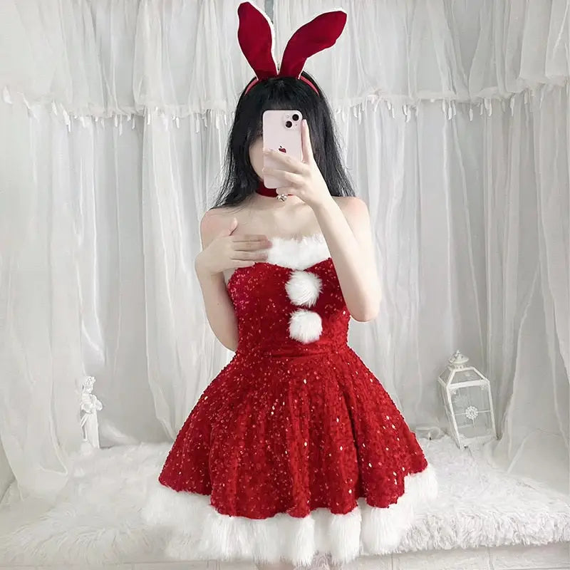 Sparkly Santa Claus Inspired Dress with Hat and Choker - dress