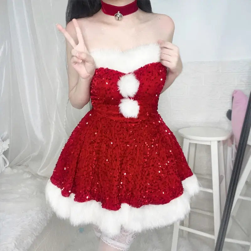 Sparkly Santa Claus Inspired Dress with Hat and Choker - dress