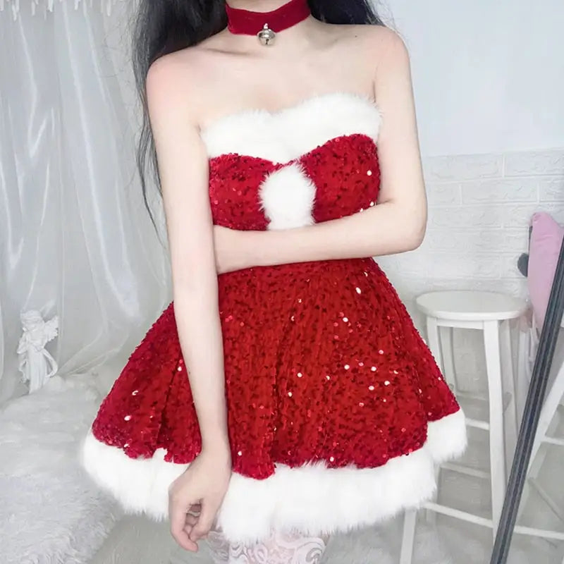 Sparkly Santa Claus Inspired Dress with Hat and Choker - dress