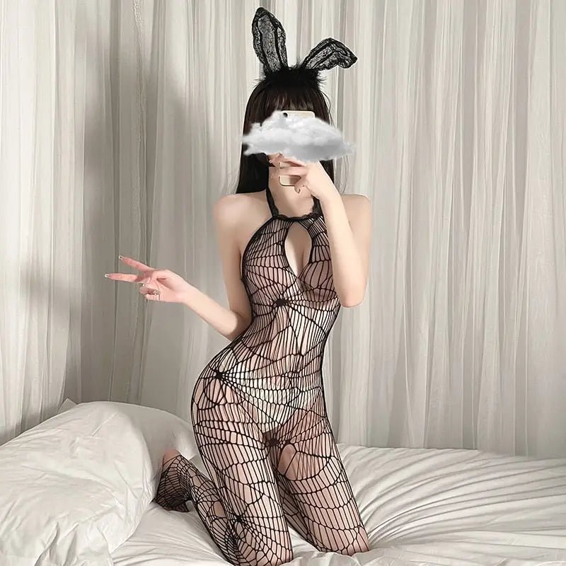 Spider Web Black Mesh Bodystocking for Seductive Halloween Vibes - Cosparty