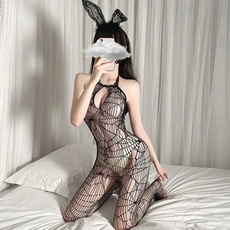 Spider Web Black Mesh Bodystocking for Seductive Halloween Vibes - Cosparty
