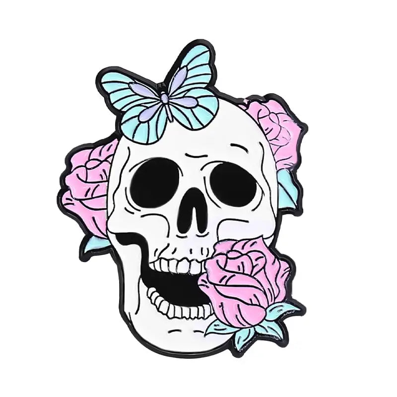 Spooktacular Pastel Goth Enamel Pin Set for Halloween Delight - Flower Skull - enamel pin