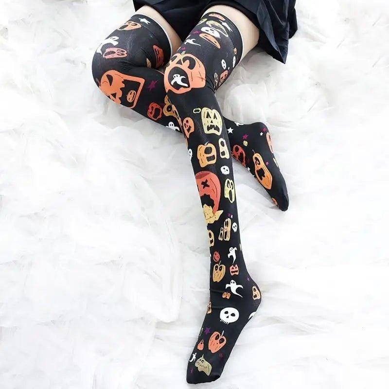 Spooky Halloween Pumpkin Print Lolita Thigh High Stockings - Cosparty