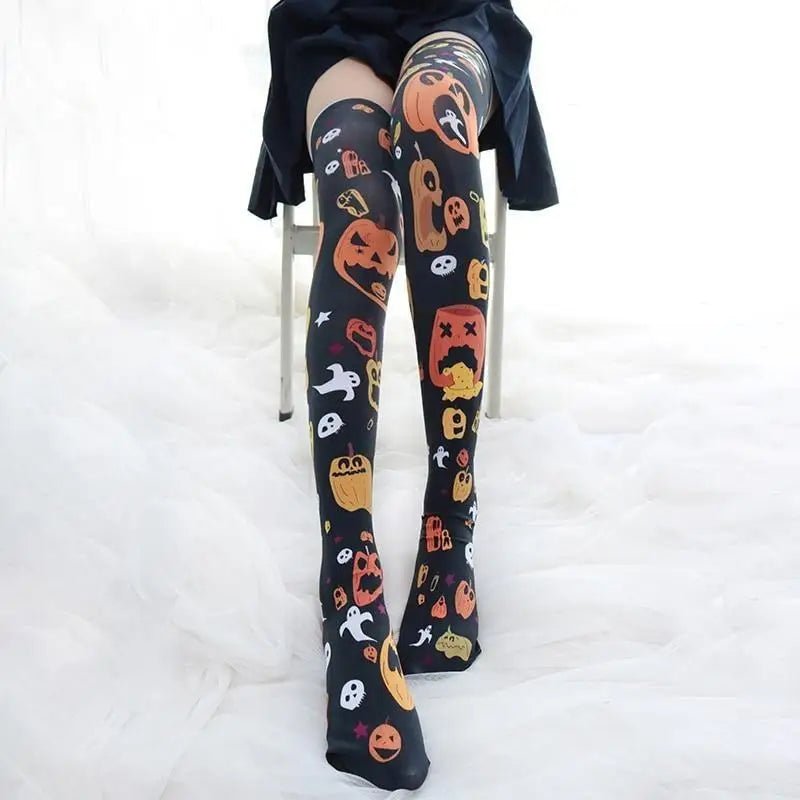 Spooky Halloween Pumpkin Print Lolita Thigh High Stockings - Cosparty