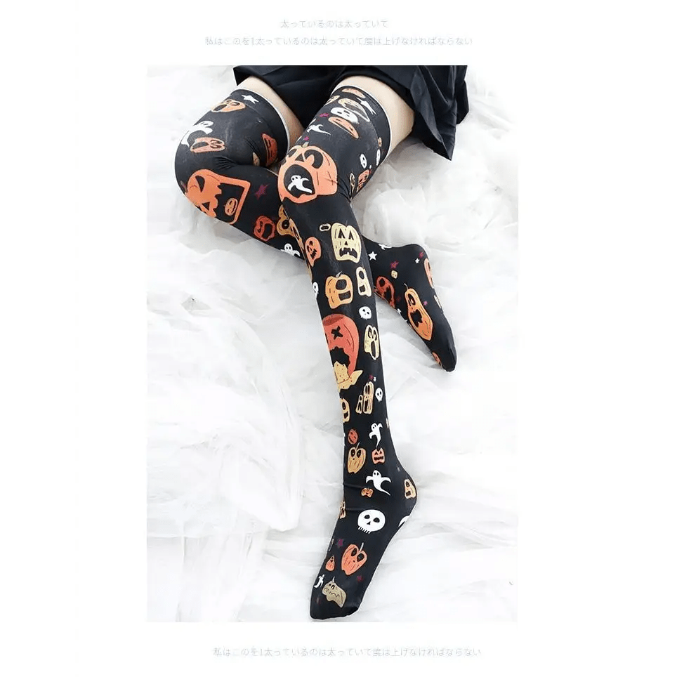 Spooky Halloween Pumpkin Print Lolita Thigh High Stockings - Cosparty