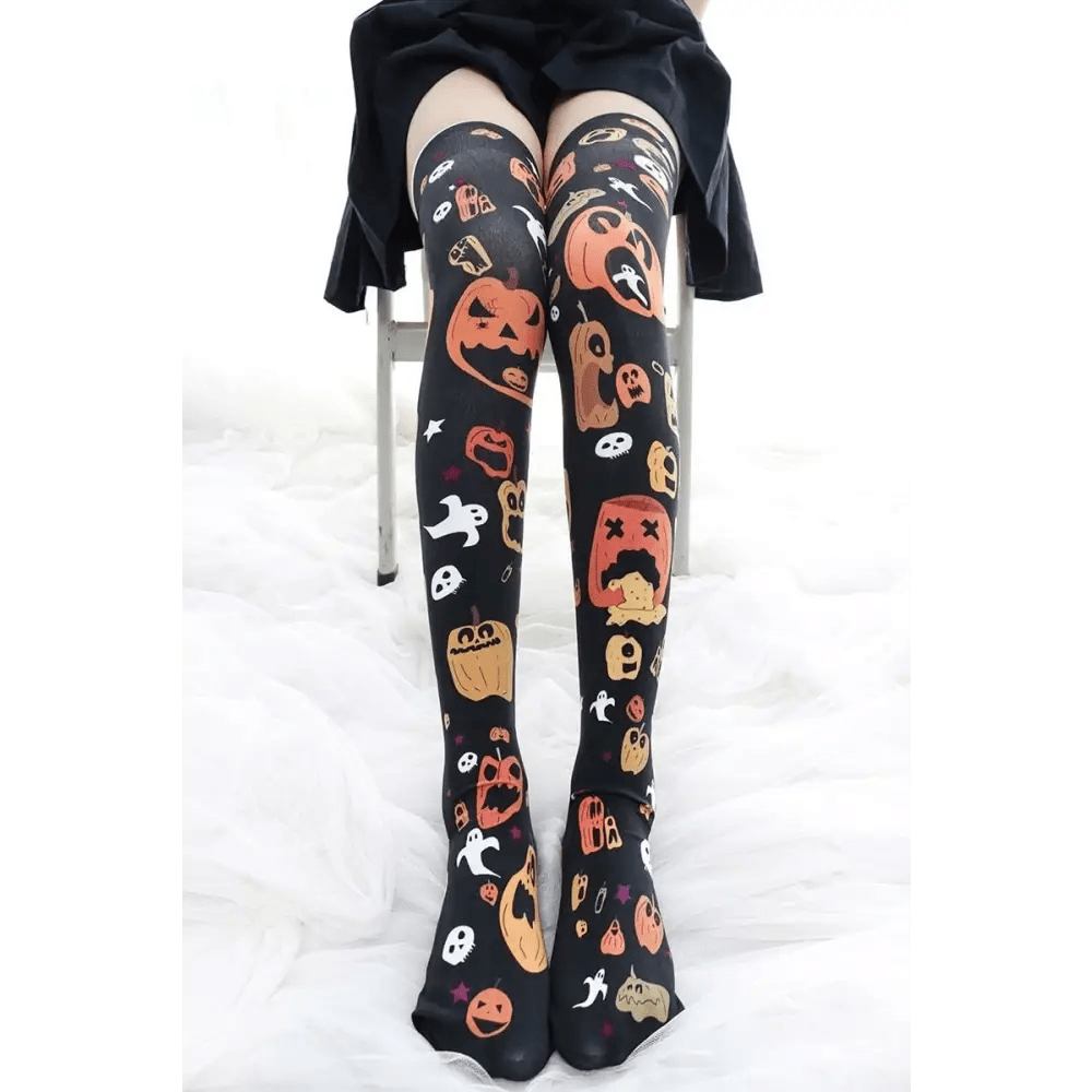 Spooky Halloween Pumpkin Print Lolita Thigh High Stockings - Cosparty