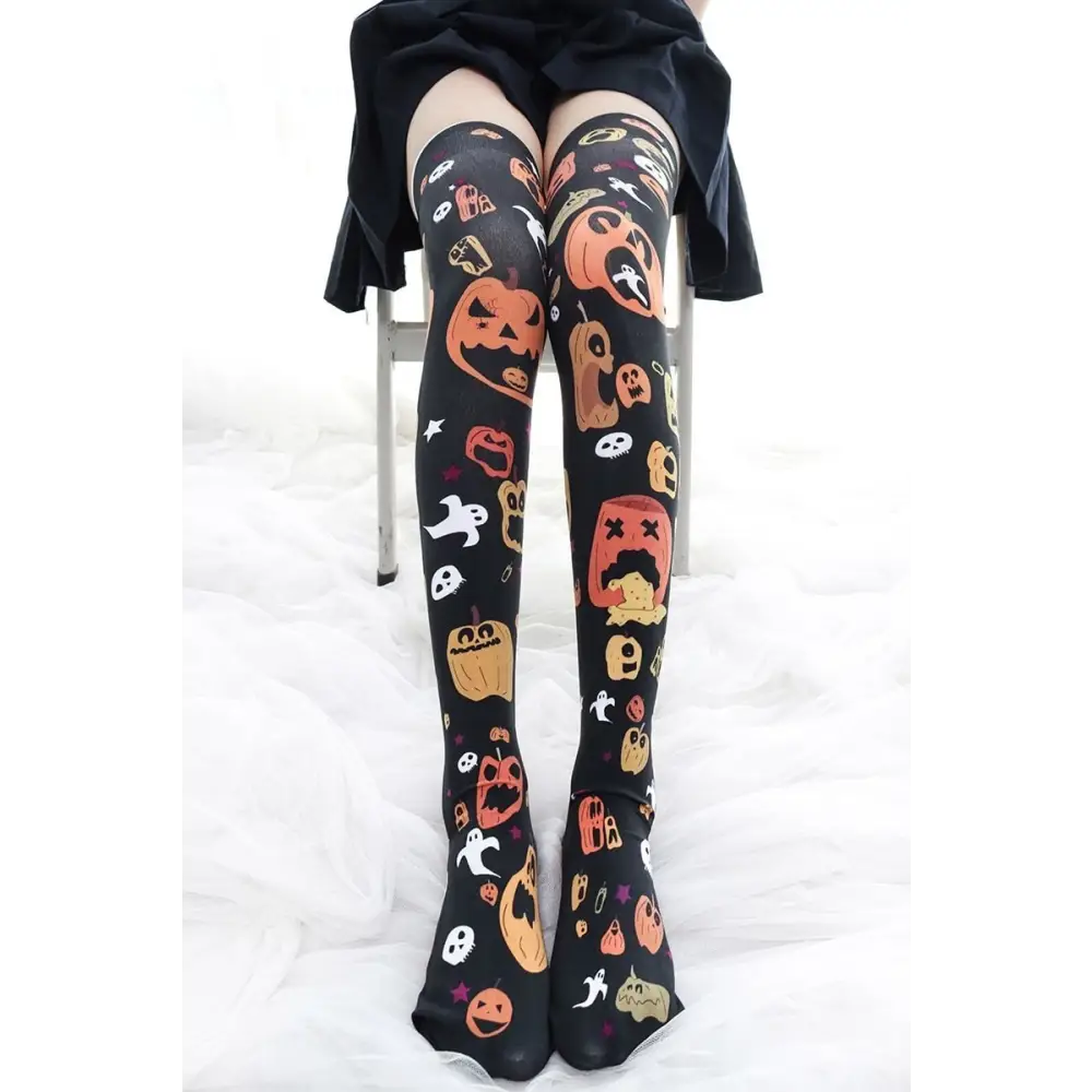 Spooky Halloween Pumpkin Print Lolita Thigh High Stockings - socks