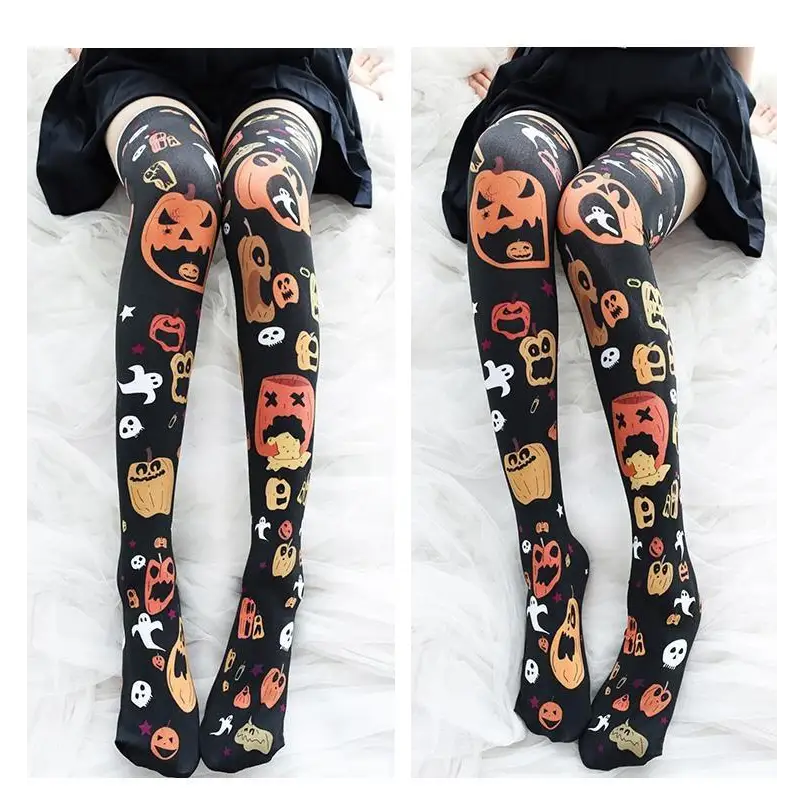 Spooky Halloween Pumpkin Print Lolita Thigh High Stockings - socks