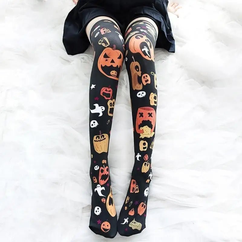 Spooky Halloween Pumpkin Print Lolita Thigh High Stockings - Cosparty
