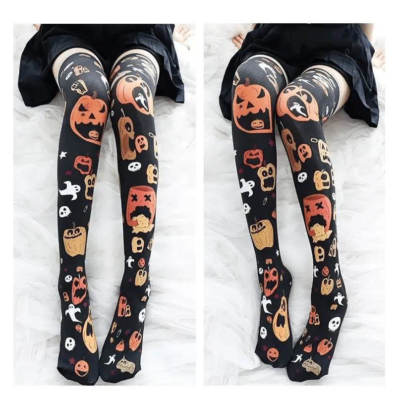 Spooky Halloween Pumpkin Print Lolita Thigh High Stockings - Cosparty