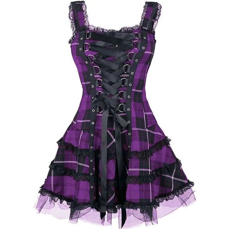 Spooky Tartan Plaid Lace - Up Gothic Dress for Dark Fashion Lovers - Cosparty