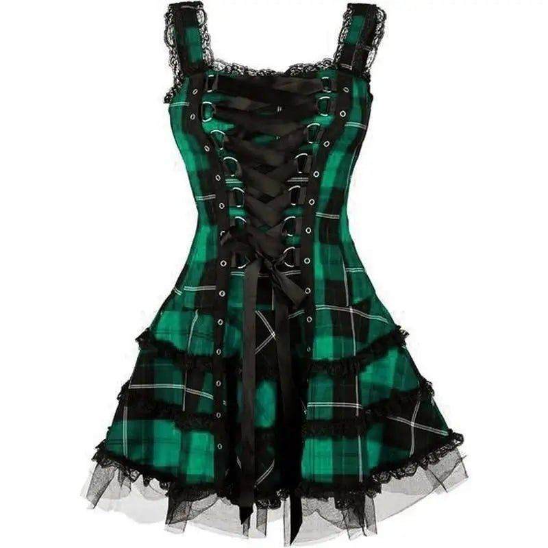 Spooky Tartan Plaid Lace - Up Gothic Dress for Dark Fashion Lovers - Cosparty