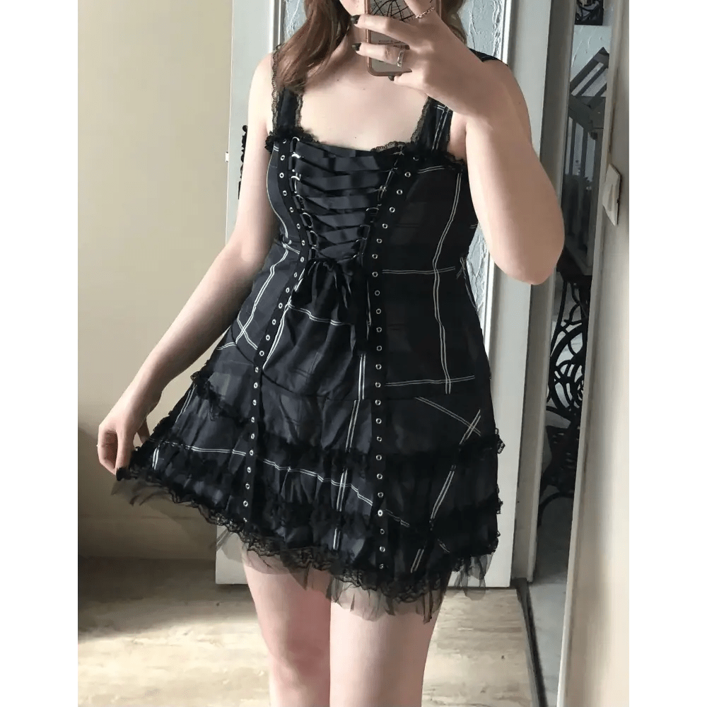 Spooky Tartan Plaid Lace - Up Gothic Dress for Dark Fashion Lovers - Cosparty