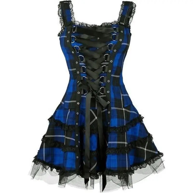 Spooky Tartan Plaid Lace - Up Gothic Dress for Dark Fashion Lovers - Cosparty