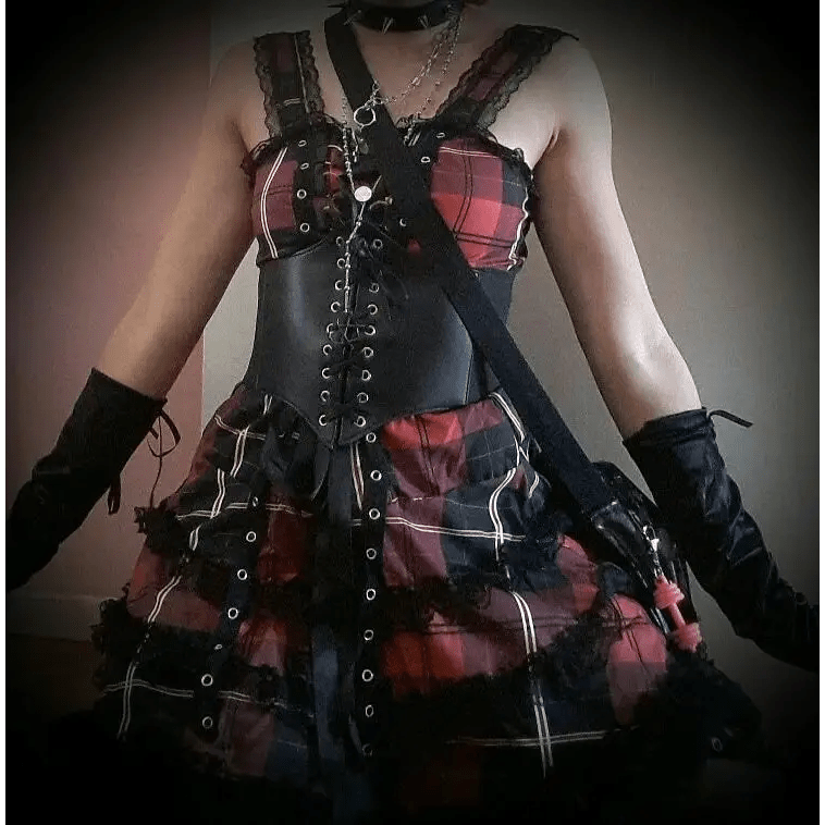 Spooky Tartan Plaid Lace - Up Gothic Dress for Dark Fashion Lovers - Cosparty