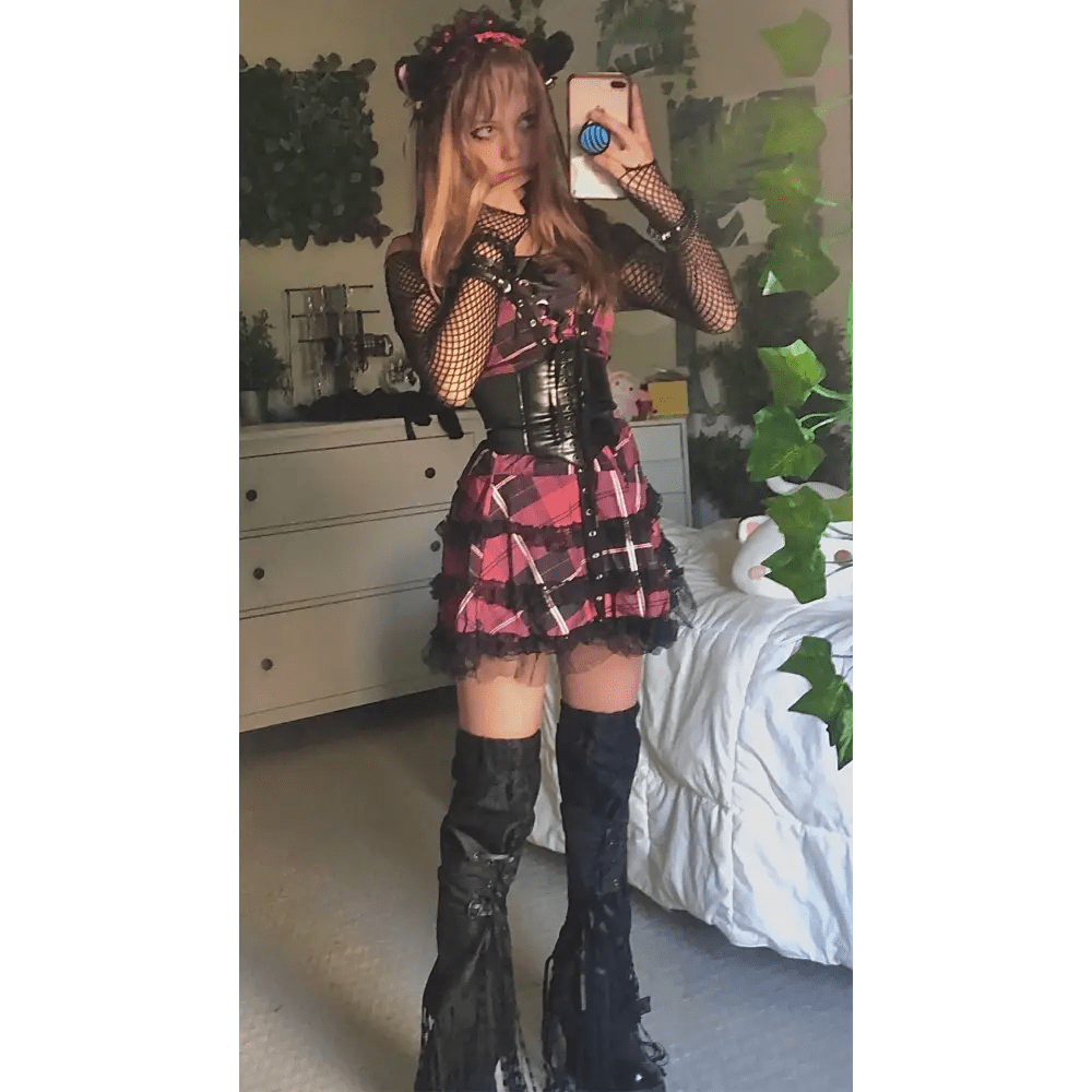 Spooky Tartan Plaid Lace - Up Gothic Dress for Dark Fashion Lovers - Cosparty