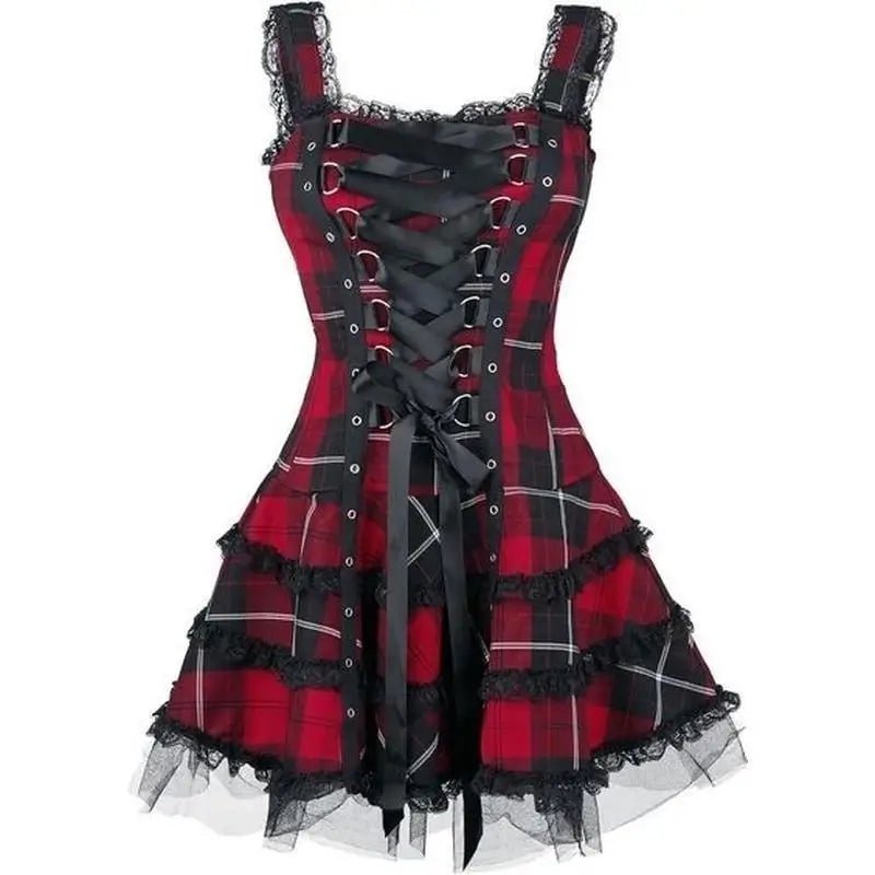 Spooky Tartan Plaid Lace - Up Gothic Dress for Dark Fashion Lovers - Cosparty