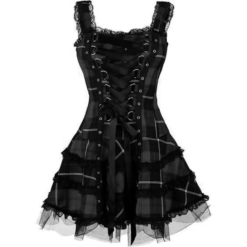 Spooky Tartan Plaid Lace - Up Gothic Dress for Dark Fashion Lovers - Cosparty