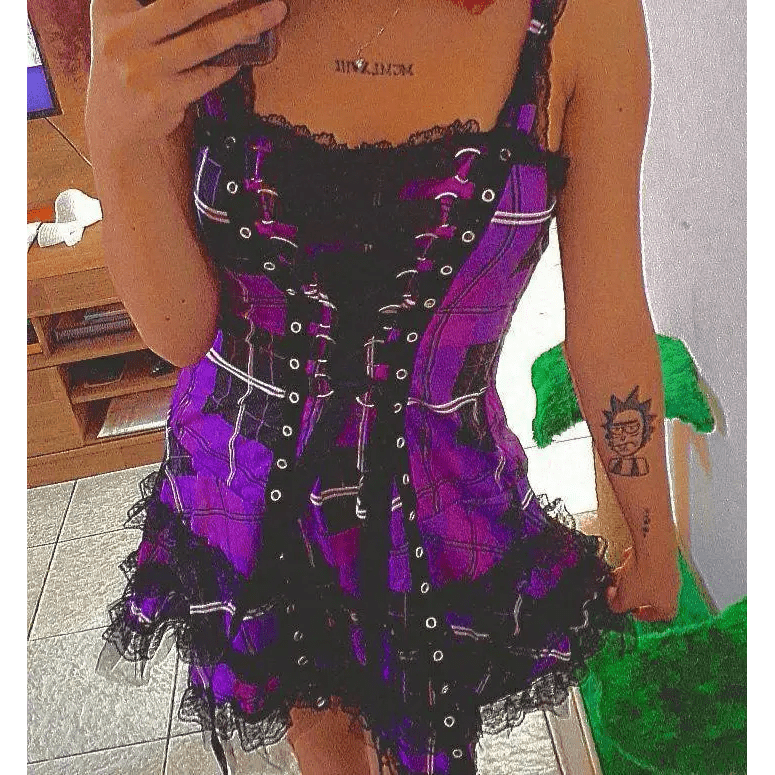 Spooky Tartan Plaid Lace - Up Gothic Dress for Dark Fashion Lovers - Cosparty