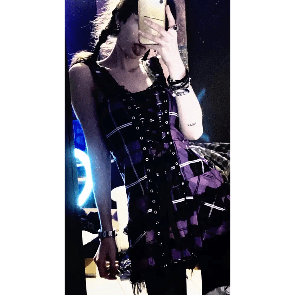 Spooky Tartan Plaid Lace - Up Gothic Dress for Dark Fashion Lovers - Cosparty