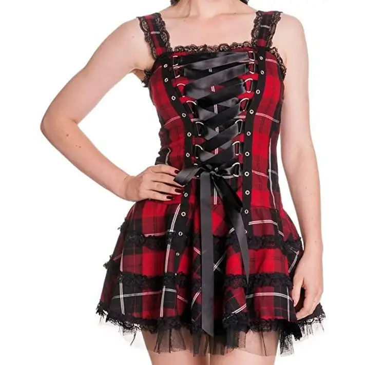 Spooky Tartan Plaid Lace-Up Gothic Dress for Dark Fashion Lovers - dress