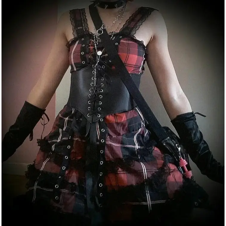 Spooky Tartan Plaid Lace-Up Gothic Dress for Dark Fashion Lovers - dress