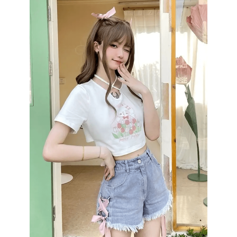 Spring Bunny Crop Top with 5cm Sleeve in Pink and White - Cosparty