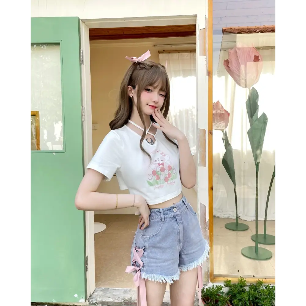 Spring Bunny Crop Top with 5cm Sleeve in Pink and White - shirt