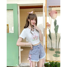 Spring Bunny Crop Top with 5cm Sleeve in Pink and White - shirt