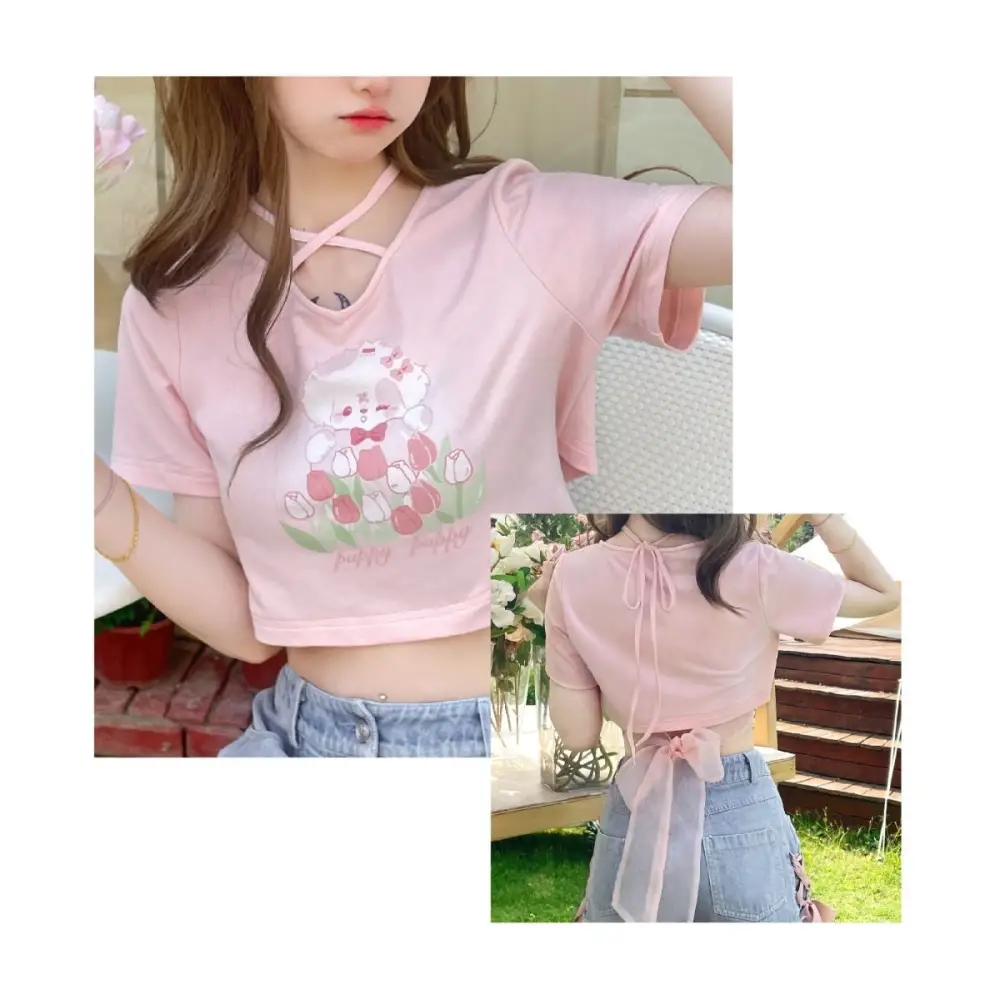 Spring Bunny Crop Top with 5cm Sleeve in Pink and White - shirt