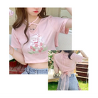 Spring Bunny Crop Top with 5cm Sleeve in Pink and White - shirt