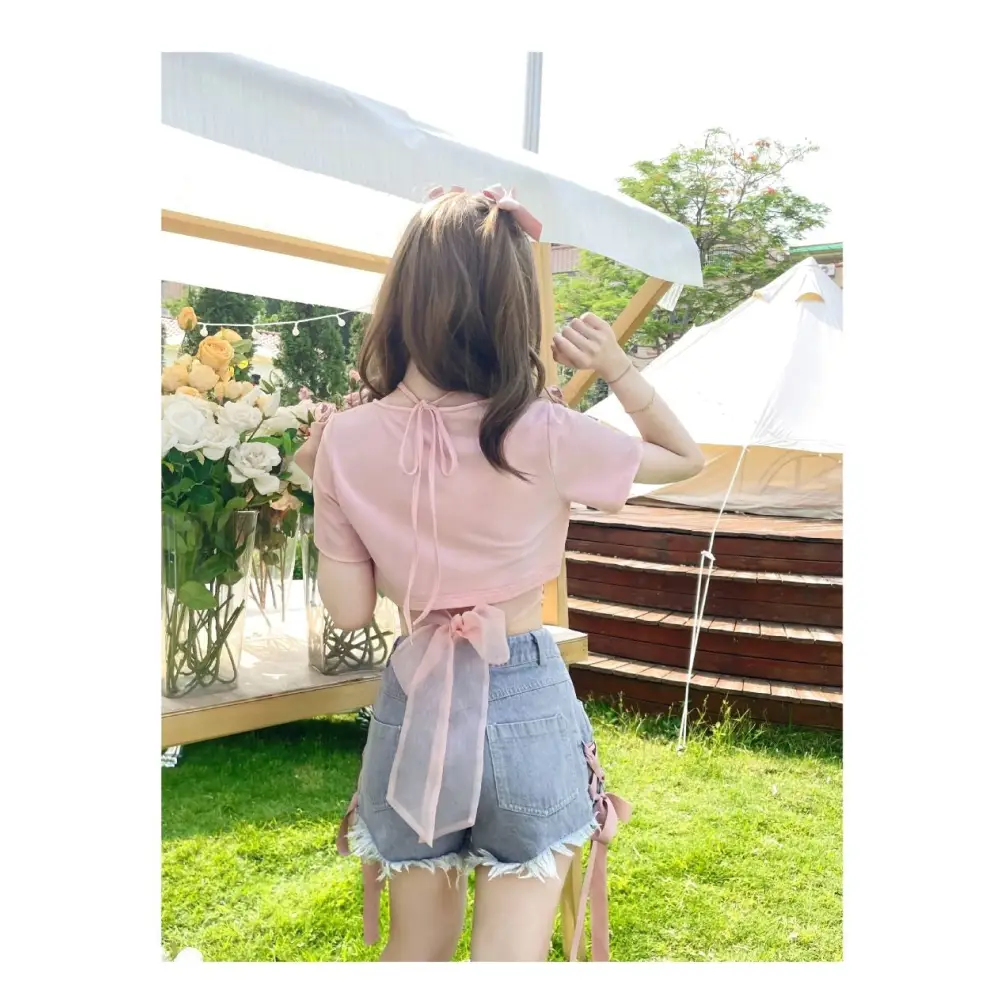 Spring Bunny Crop Top with 5cm Sleeve in Pink and White - shirt