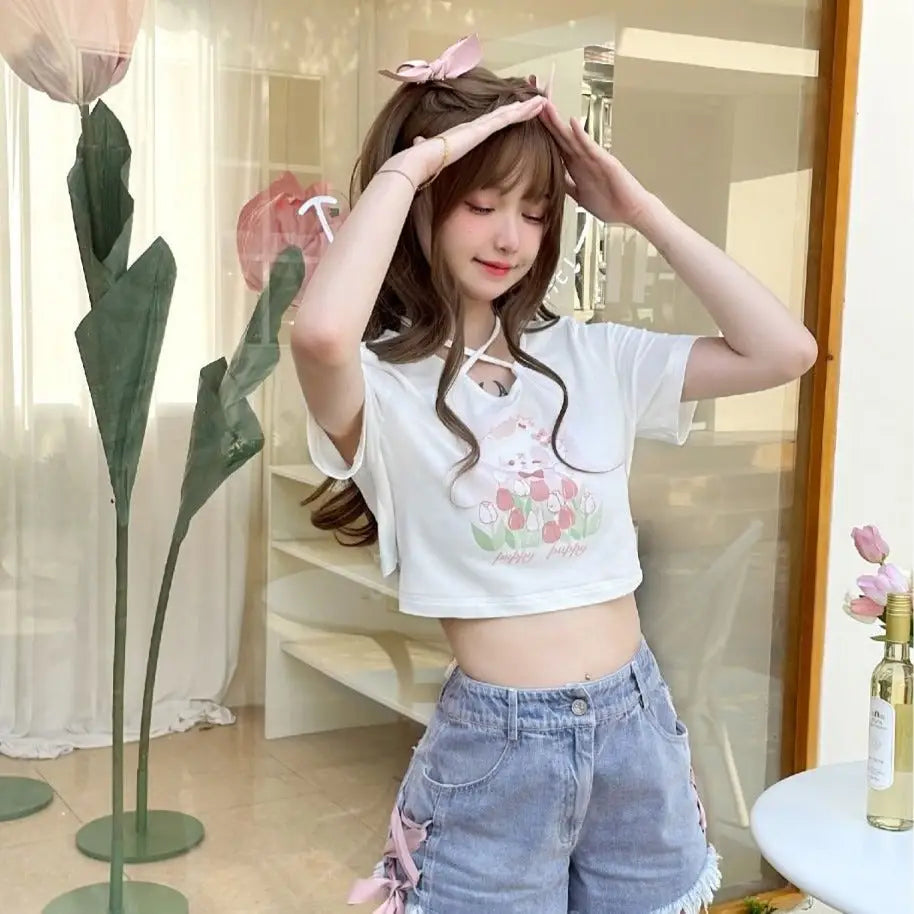 Spring Bunny Crop Top with 5cm Sleeve in Pink and White - shirt