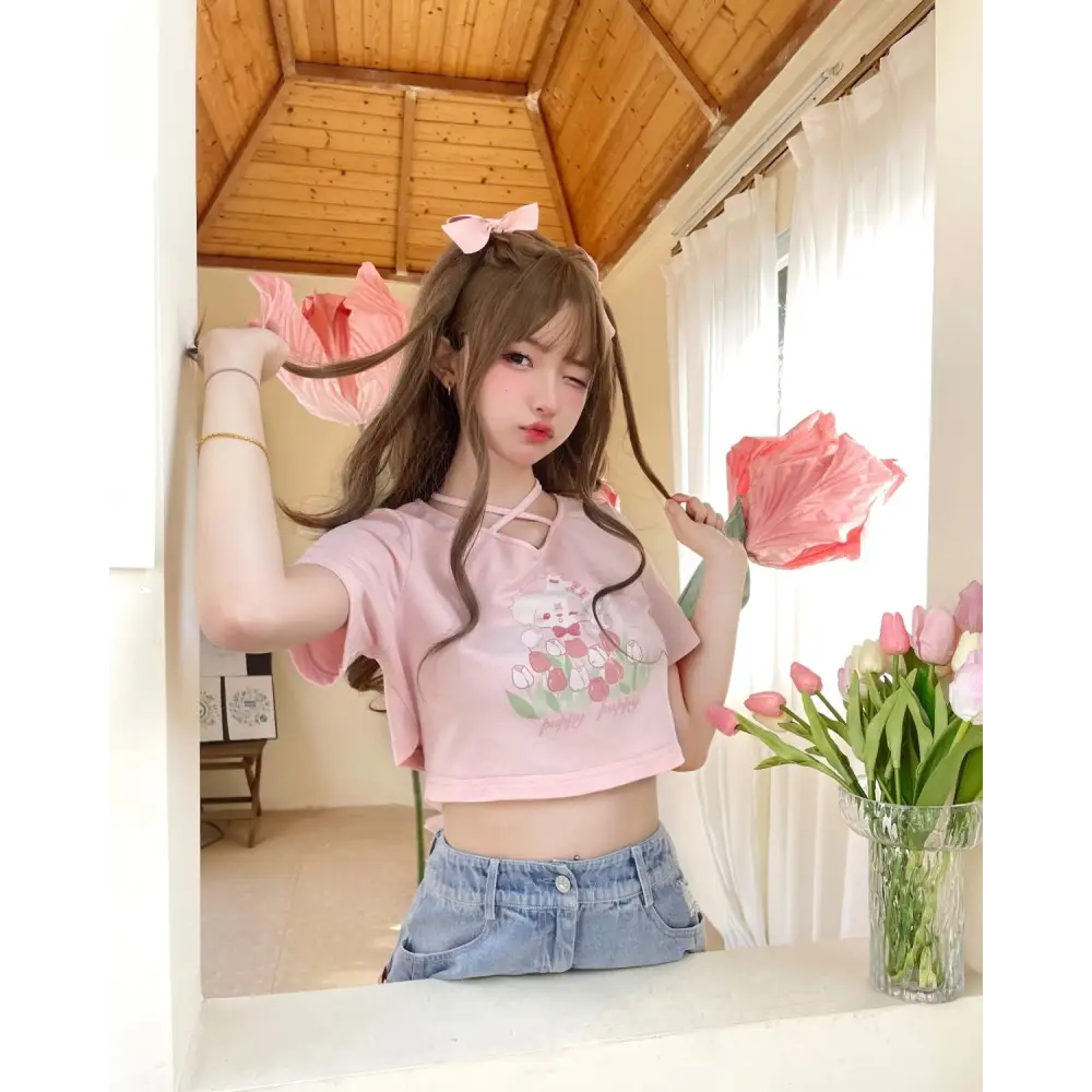 Spring Bunny Crop Top with 5cm Sleeve in Pink and White - shirt