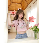 Spring Bunny Crop Top with 5cm Sleeve in Pink and White - shirt