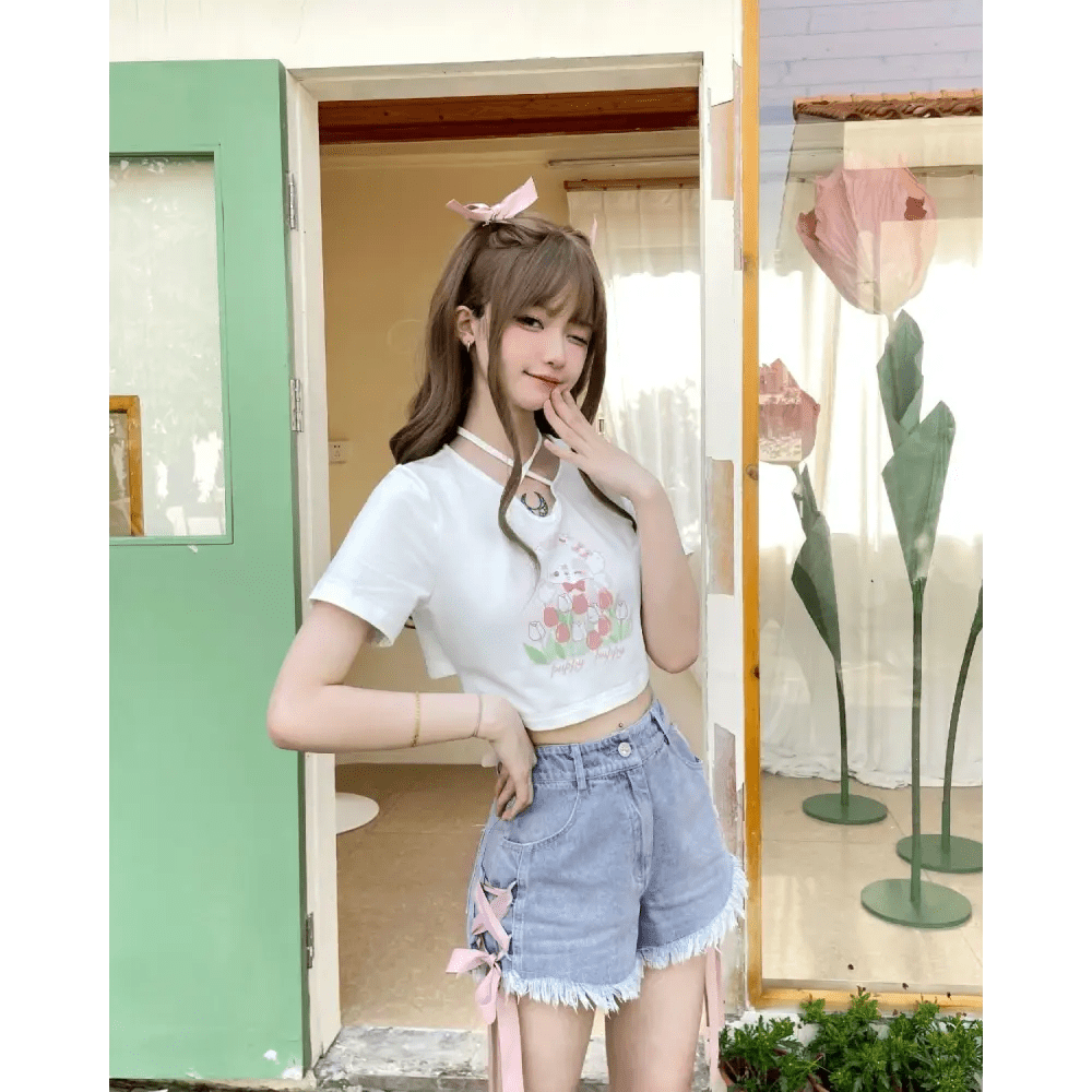 Spring Bunny Crop Top with 5cm Sleeve in Pink and White - Cosparty