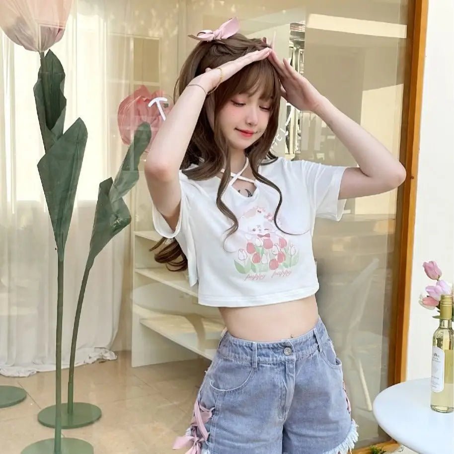 Spring Bunny Crop Top with 5cm Sleeve in Pink and White - Cosparty