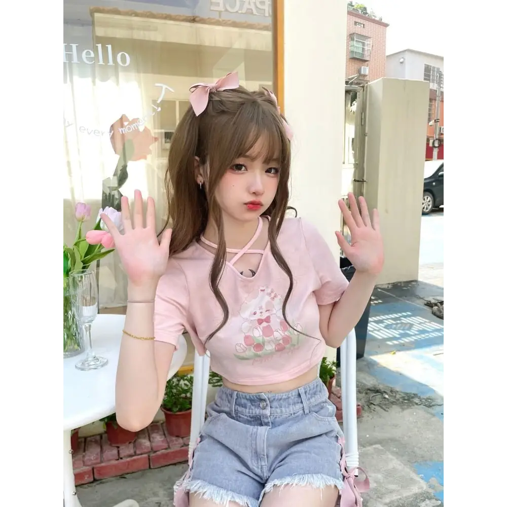 Spring Bunny Crop Top with 5cm Sleeve in Pink and White - shirt