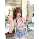 Spring Bunny Crop Top with 5cm Sleeve in Pink and White - shirt