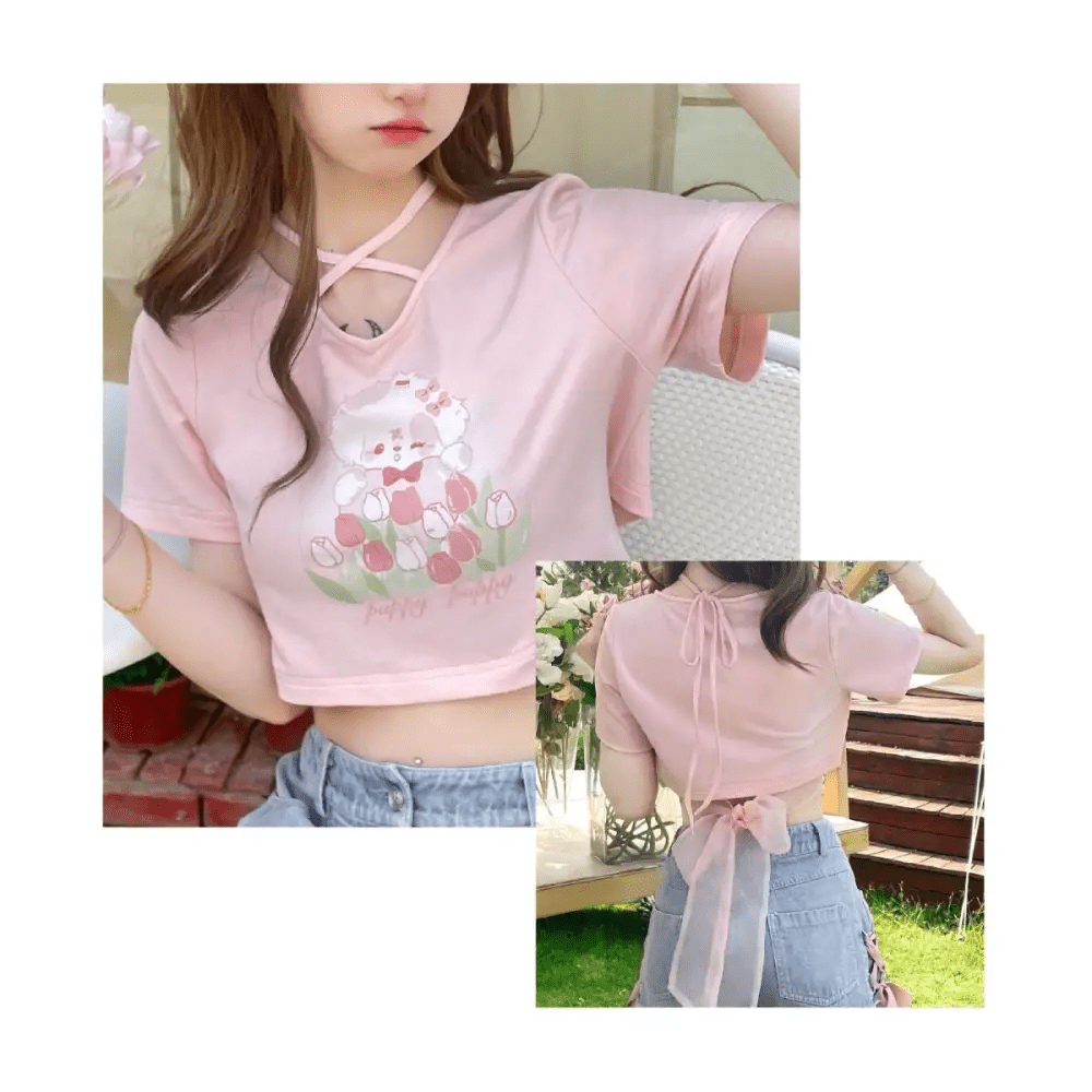 Spring Bunny Crop Top with 5cm Sleeve in Pink and White - Cosparty
