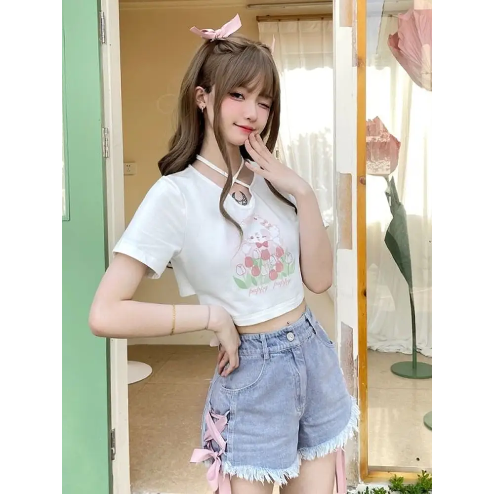 Spring Bunny Crop Top with 5cm Sleeve in Pink and White - shirt