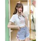 Spring Bunny Crop Top with 5cm Sleeve in Pink and White - shirt