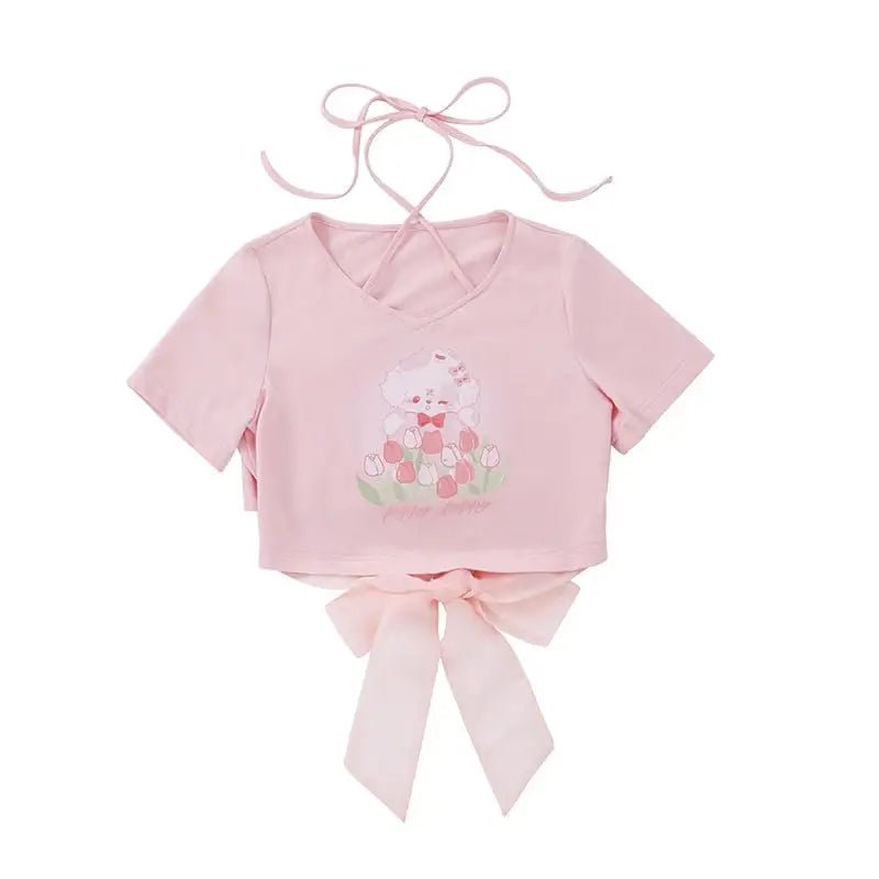 Spring Bunny Crop Top with 5cm Sleeve in Pink and White - Cosparty