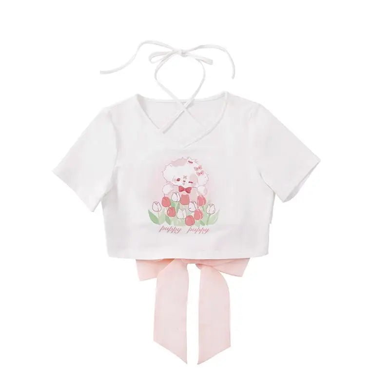 Spring Bunny Crop Top with 5cm Sleeve in Pink and White - Cosparty