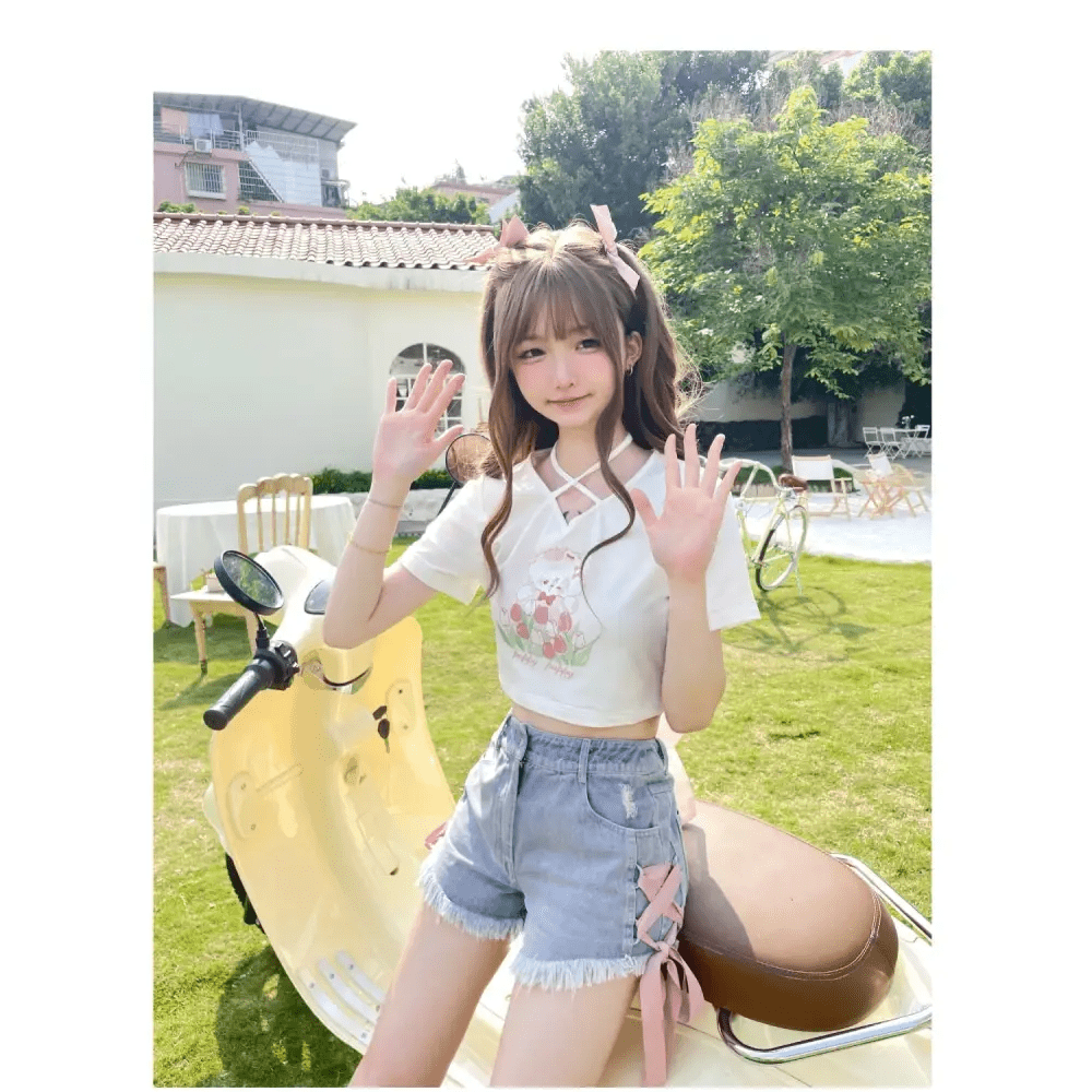 Spring Bunny Crop Top with 5cm Sleeve in Pink and White - Cosparty