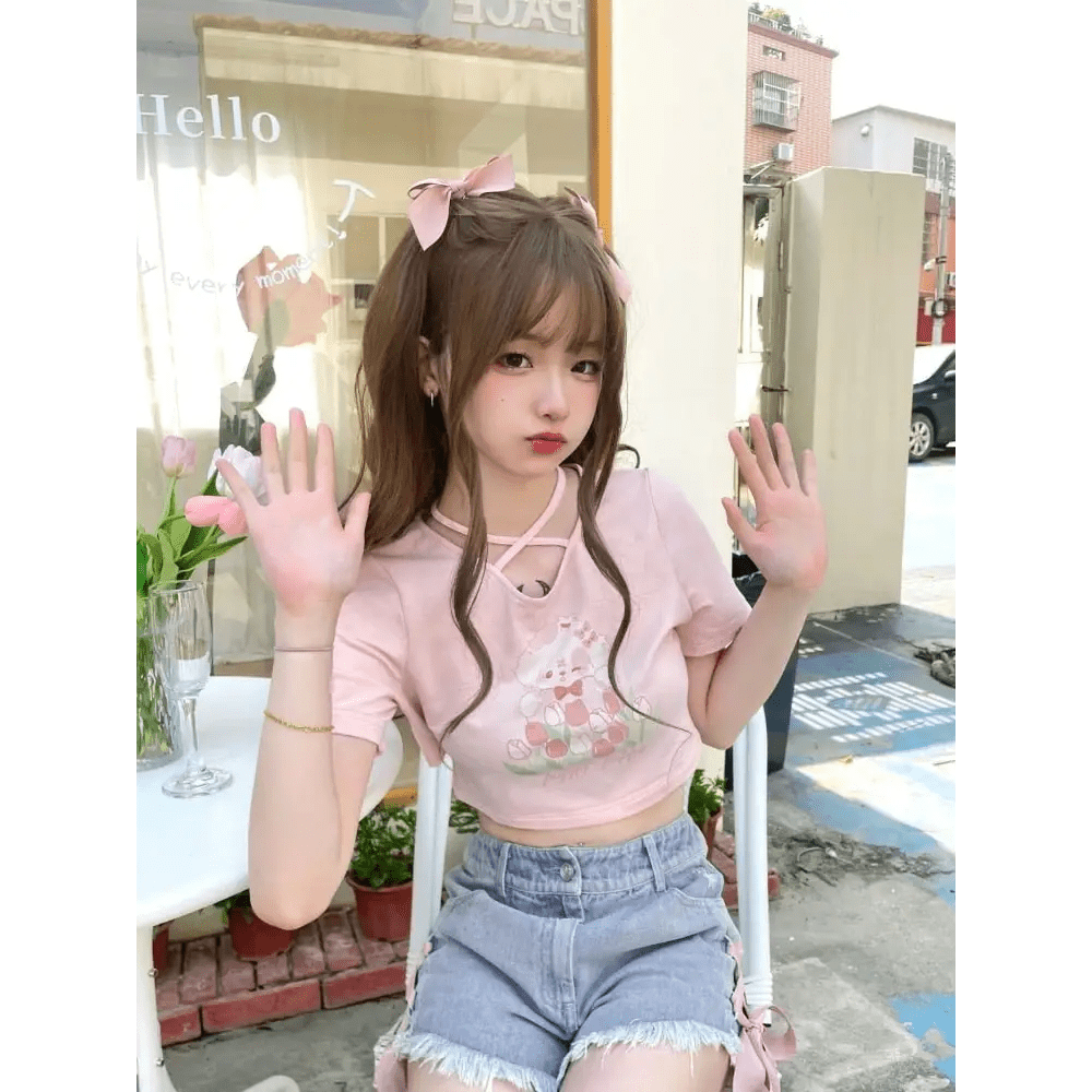 Spring Bunny Crop Top with 5cm Sleeve in Pink and White - Cosparty