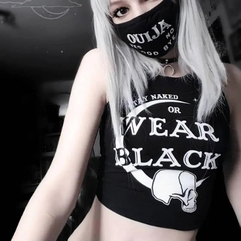 Stay Naked Or Wear Black Gothic Cropped Tank Top - crop top