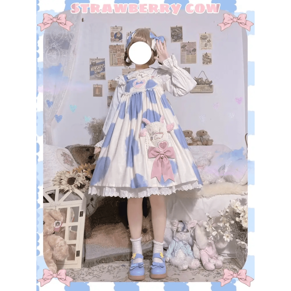 Strawberry Cow Print Lolita Dress for Pastel Princesses - Cosparty