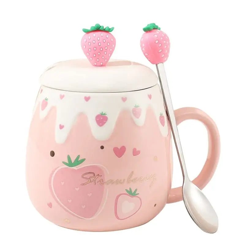 Strawberry Desert Mugs with Lid and Spoon for a Kawaii Morning - Cosparty