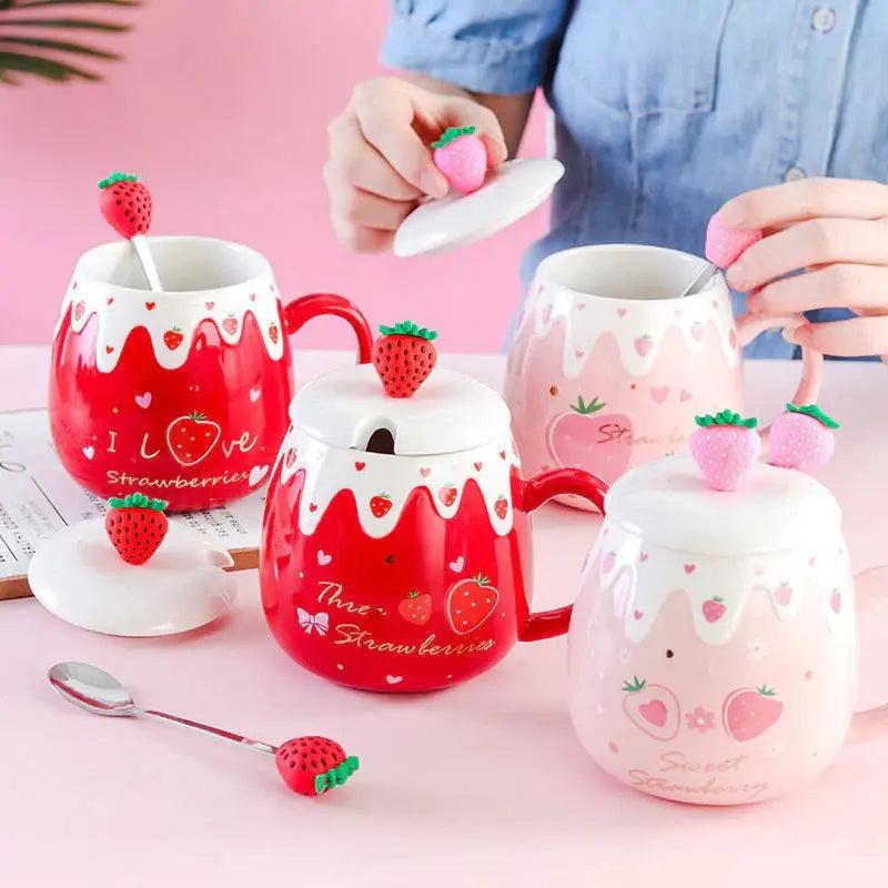 Strawberry Desert Mugs with Lid and Spoon for a Kawaii Morning - cup